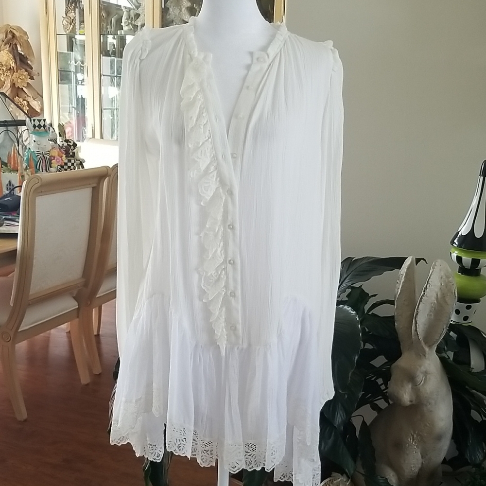 Free People White Ruffled Peasant Tunic Dress